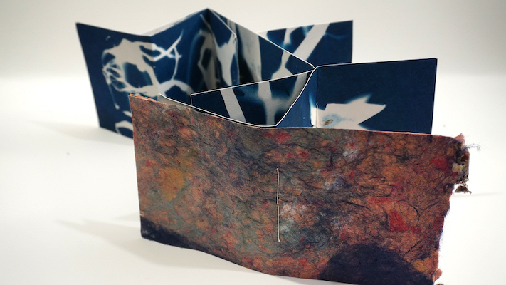 unique artist book with handmade paper and cyanotype