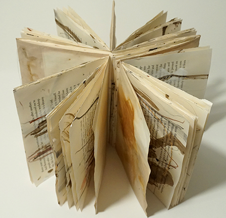 "Migration" Six hand-drawn signatures bound dos-a-dos to a folded eco-printed page. $300