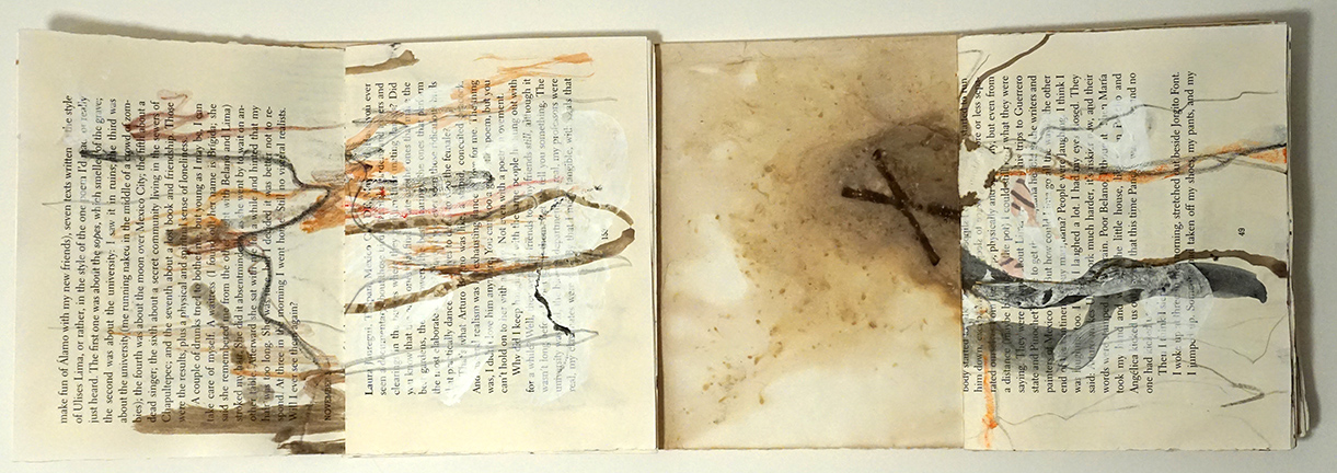 "Migration" Six hand-drawn signatures bound dos-a-dos to a folded eco-printed page. $300