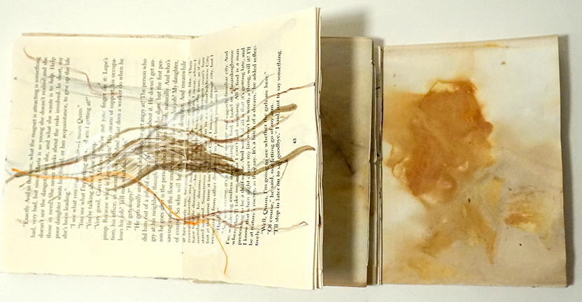 "Migration" Six hand-drawn signatures bound dos-a-dos to a folded eco-printed page. $300