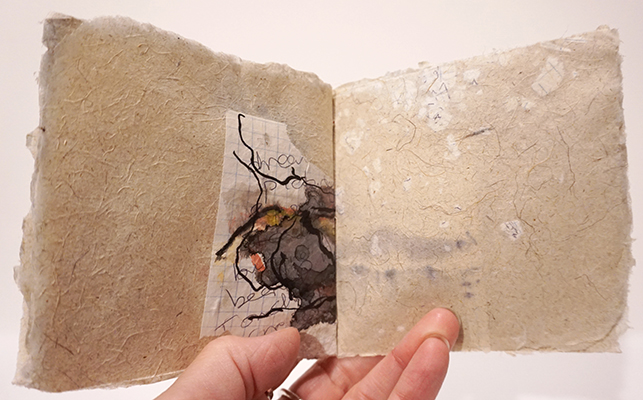 "Map of Where I've Been", handmade paper of lomandra, abaca, and purged notebook pages; ink and watercolor on notebook fragments, thread, $400