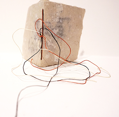 "Map of Where I've Been", handmade paper of lomandra, abaca, and purged notebook pages; ink and watercolor on notebook fragments, thread, $400