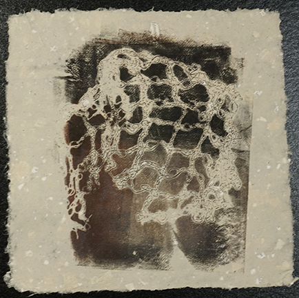 Gelatin plate monoprint. Ink on handmade hemp paper with recycled paper, 8 in. x 11 in. $100