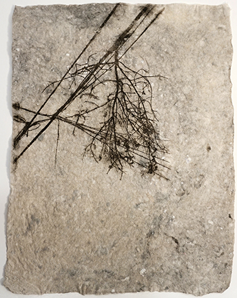 "Nature in the Balance" Cotton pulp paint printed on wet handmade (abaca, flax, and purged journal pages) paper, $250