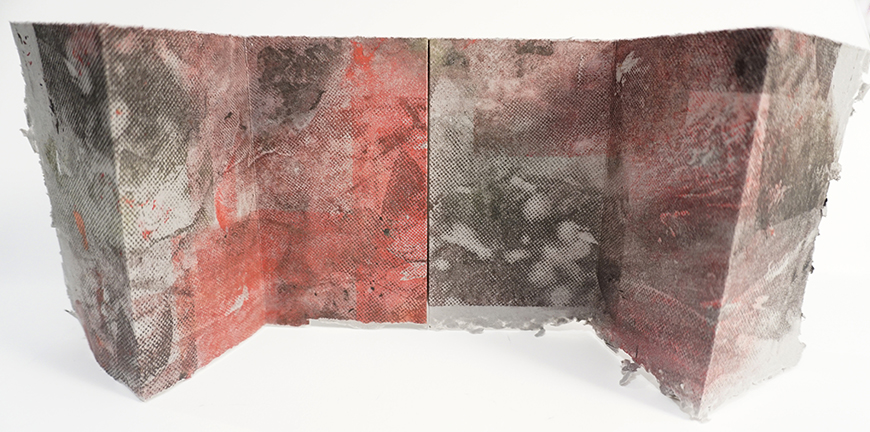 "Potentiality." Linen pulp paint screen printed on wet handmade cotton paper, folded into a freestanding artist book, $250