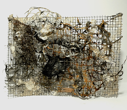 paper pulp and scraps on hardware cloth